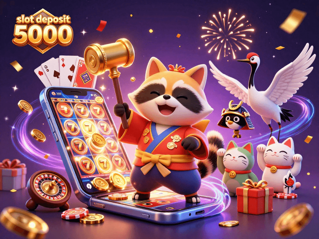 Experience thrilling wins with slot deposit 5000 illustrated by a tanuki and colorful gaming elements.