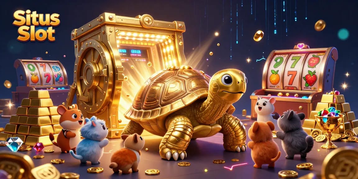 Situs Slot fun with a colossal golden tortoise pinball machine surrounded by jewels and small animals.