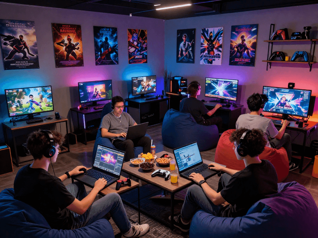 Porn games being played in a vibrant gaming lounge atmosphere, showcasing interactive experiences.