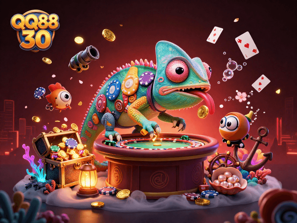 Take a thrilling spin with QQ88 30's vibrant chameleon casino owner surrounded by treasures and colorful gaming elements.