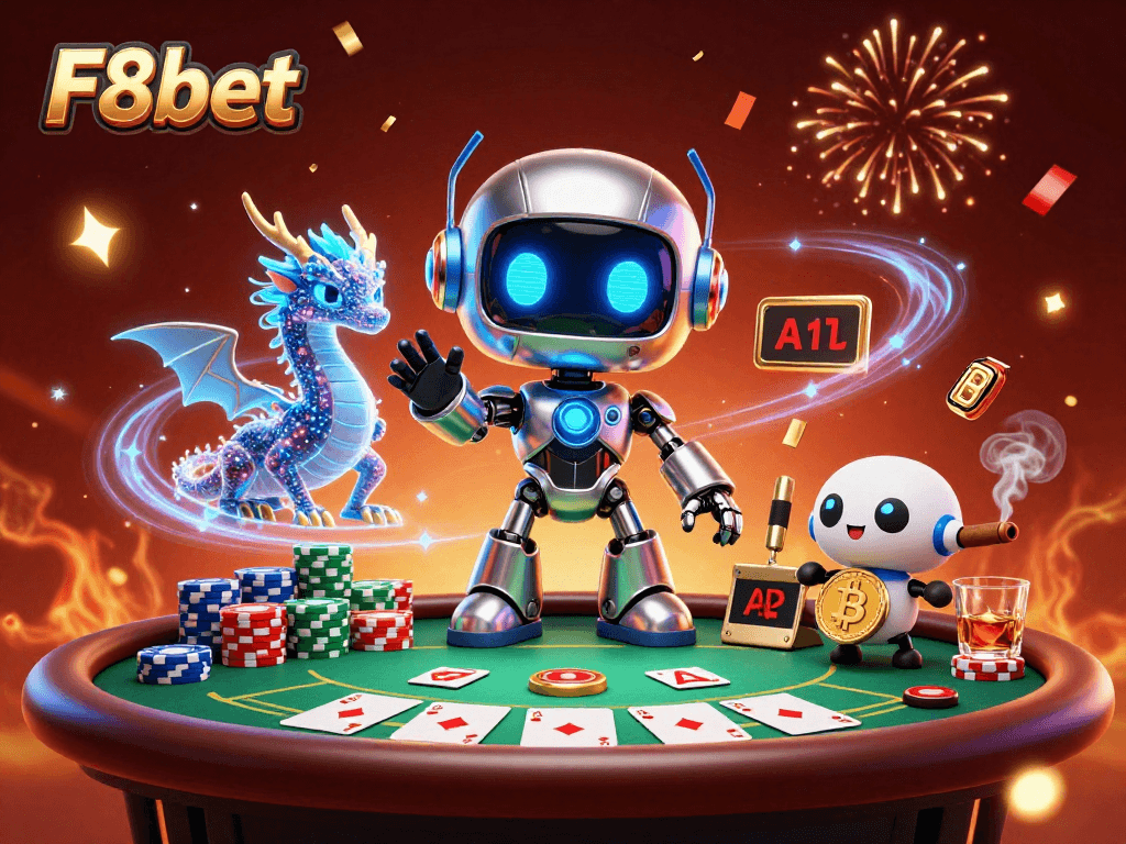 Play poker at F8bet with a futuristic twist featuring vibrant characters and casino elements.