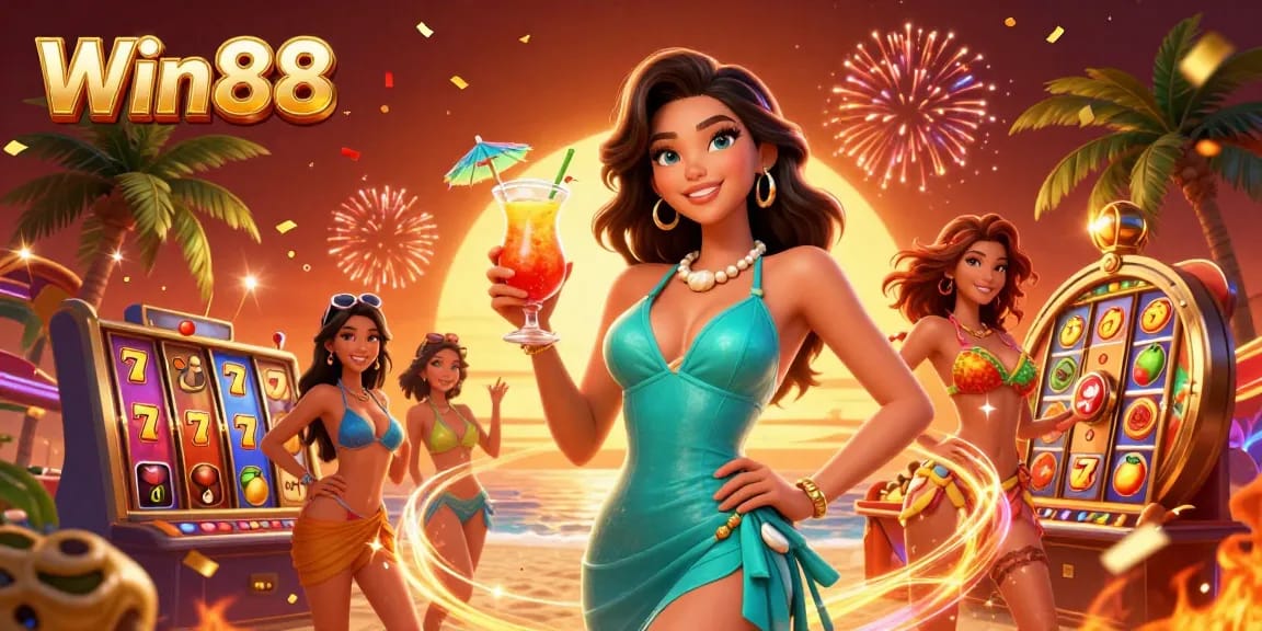 Win88 players experiencing excitement with vibrant slot machines and a tropical casino ambiance.