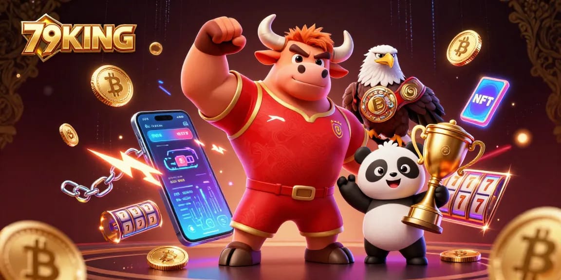Engage with 79KING at the vibrant casino where a muscular bull celebrates victory, amidst 3D coins and glory.