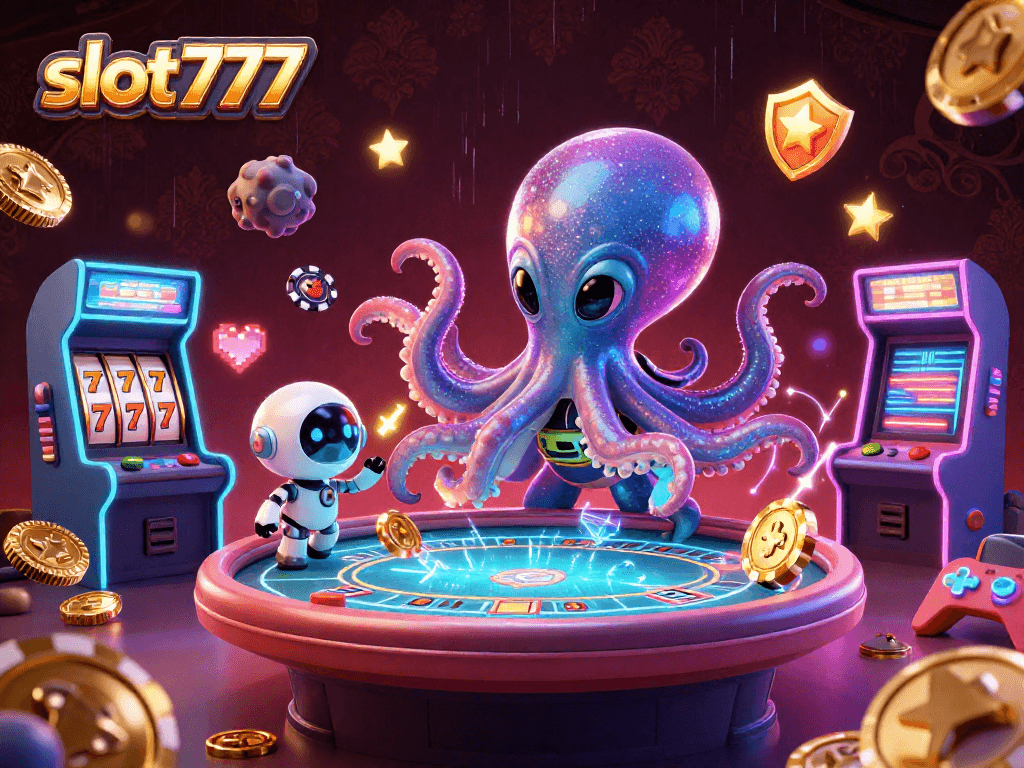 Experience the excitement of slot777 with a 3D alien octopus at a holographic poker table, surrounded by vibrant gaming elements.