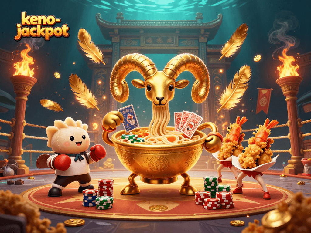 Keno-jackpot game scene with a giant ramen bowl character, cards, and chips, creating excitement.