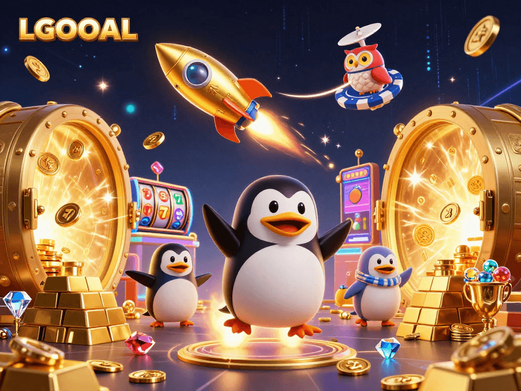 Win big with LGOGOAL in this dynamic casino-themed illustration featuring a golden penguin and treasure.