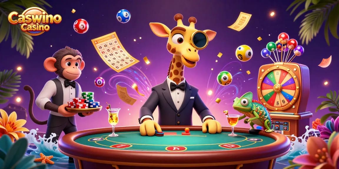 Join high-roller giraffe at Caswino Casino, enjoying dynamic gaming action with vibrant elements.