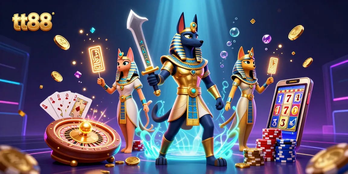 tt88 players enjoy a thrilling spin at the casino with Egyptian warriors and golden treasures around.