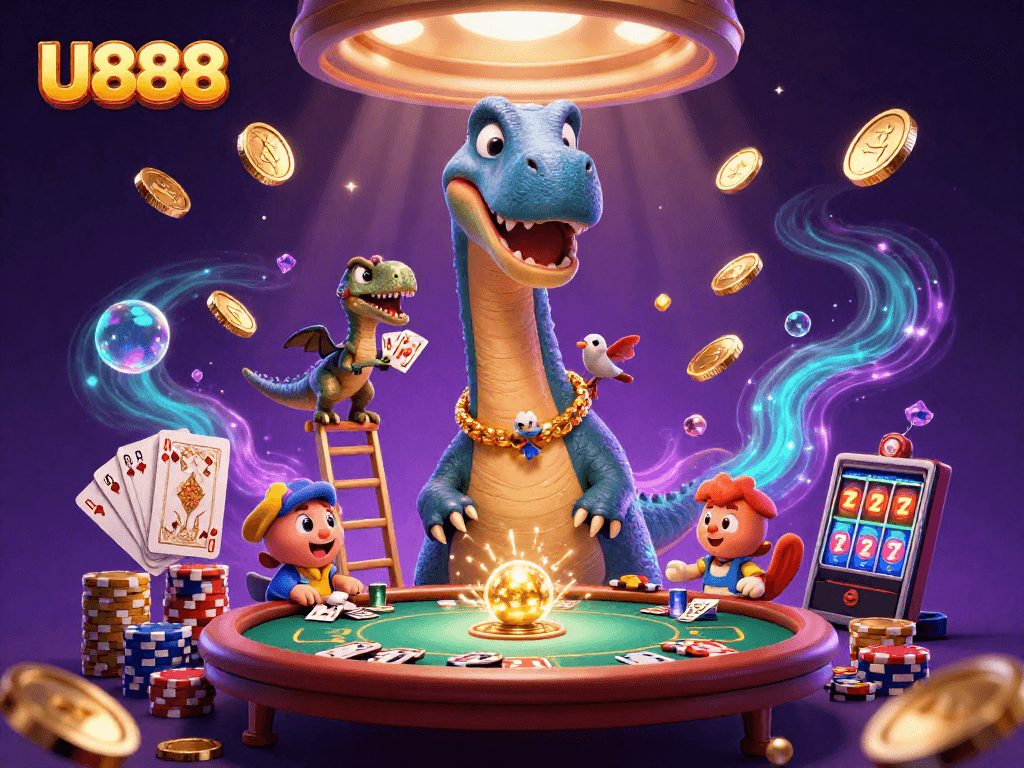 Experience the vibrant U888 casino scene with vibrant characters and glittering gaming elements.