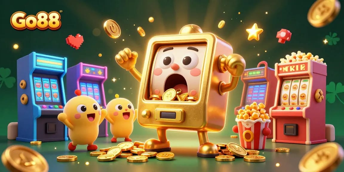 Experience Go88's excitement with a slot machine celebrating its jackpot in a vibrant casino scene.