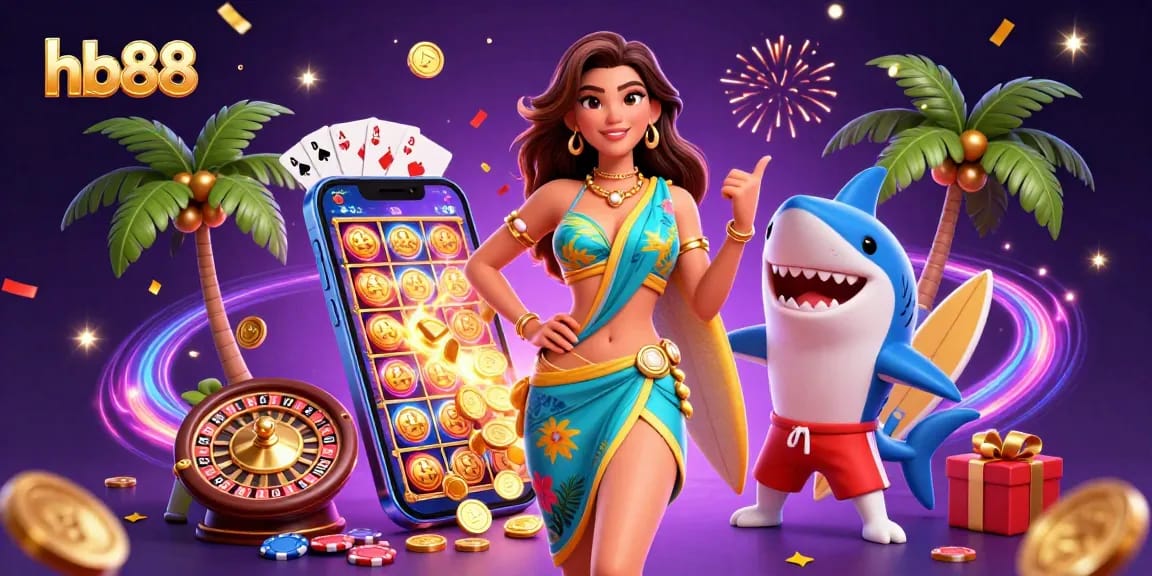 Experience thrilling gaming at hb88 with vibrant slot games and playful characters in a dazzling illustration.