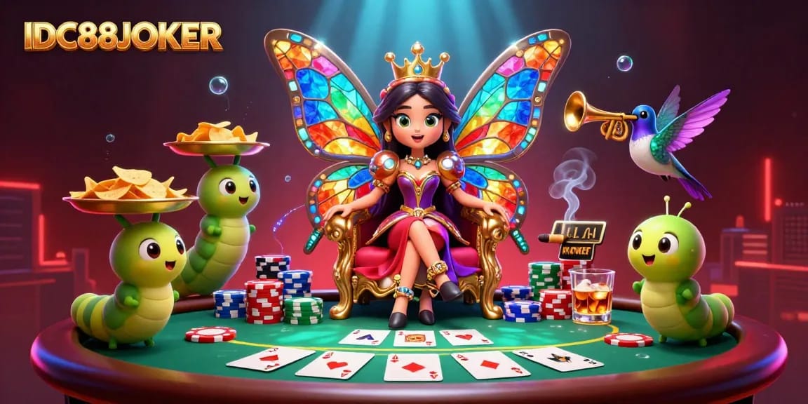 Engage with IDC88JOKER in a vibrant 3D illustration featuring a butterfly queen and thrilling poker elements.