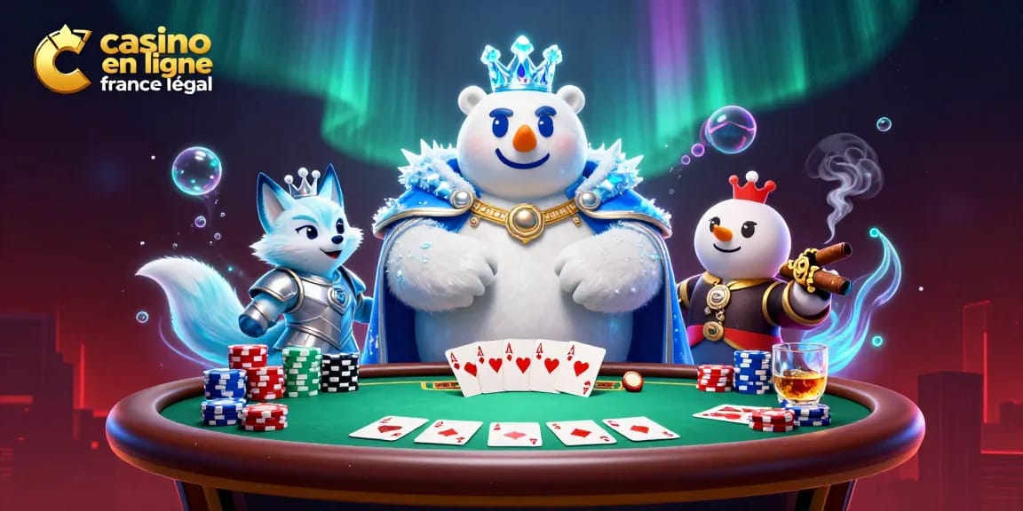 Des jeux captivants au casino en ligne légal en France, avec des cartes de poker et un roi polaire en scène.