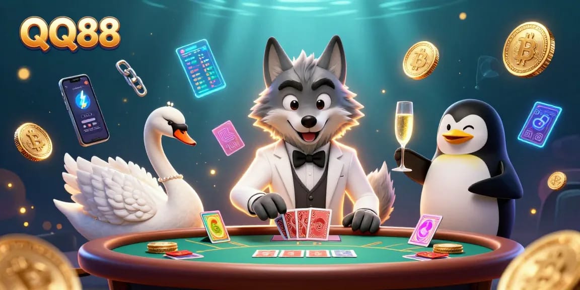 Engage with QQ88 casino games featuring a debonair wolf, elegant swan, and sophisticated penguin at a baccarat table.