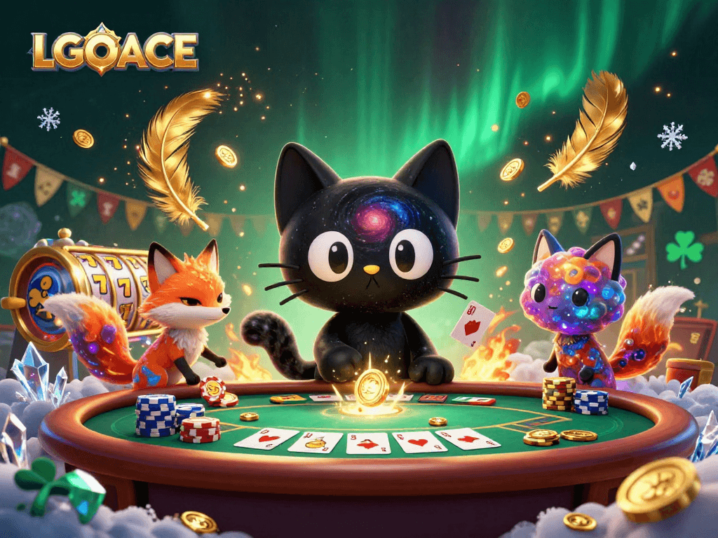 LGOACE showcases a vibrant, energetic cosmic casino scene with whimsical characters engaging in gaming.