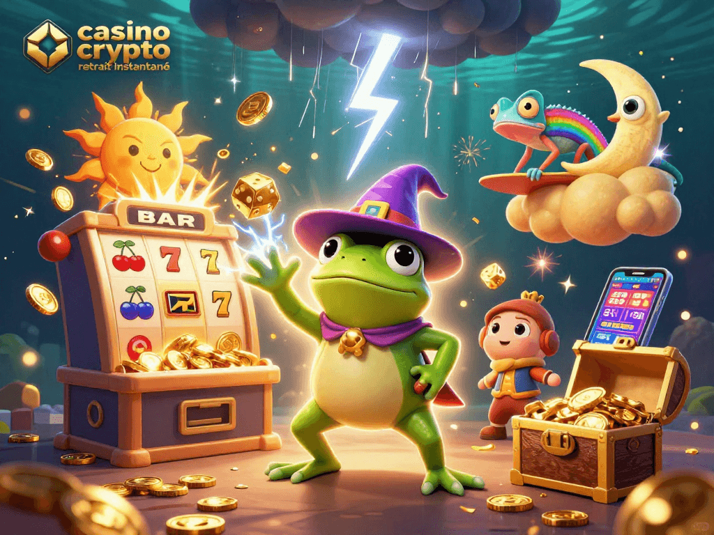 Scène dynamique de casino crypto retrait instantané avec des personnages colorés créant une pluie de pièces d'or et des jeux captivants.