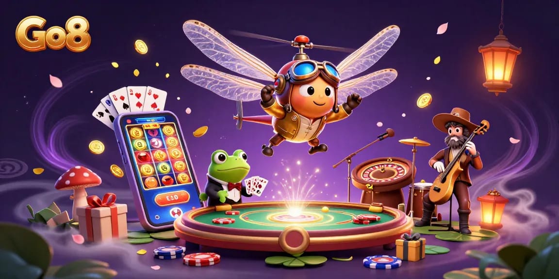 Win big at Go8 casino with a vibrant 3D illustration of a dragonfly pilot, frog croupier, and jazz band.