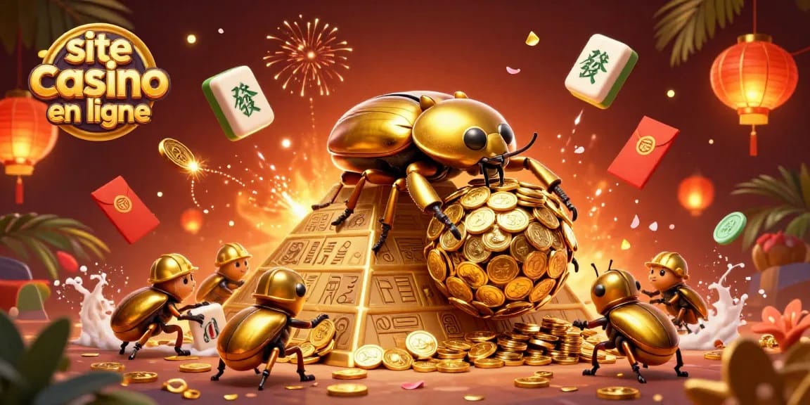 Visualisez un site casino en ligne captivant avec des scarabées dorés sur une pyramide d'or, entourés de symboles chanceux.