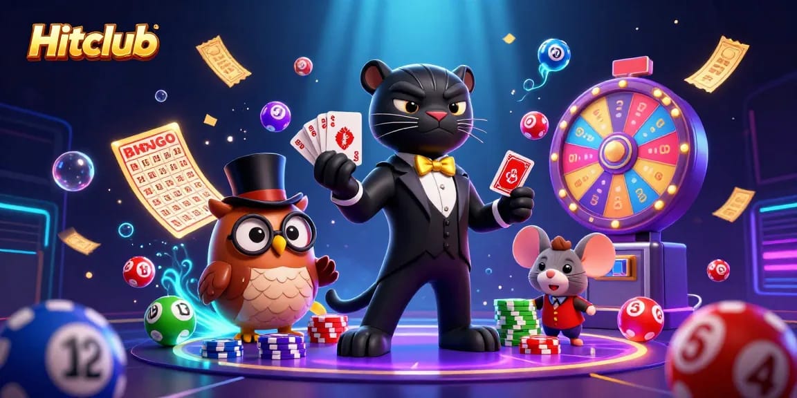 Hitclub brings excitement as the playful black panther deals cards amidst falling lottery balls and colorful prize elements.