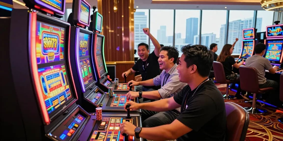 Friends enjoying the excitement at the slot77 resmi machine in a lively casino