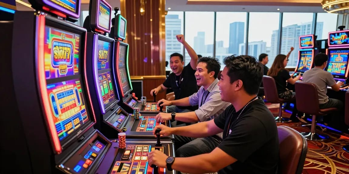 Friends enjoying the excitement at the slot77 resmi machine in a lively casino