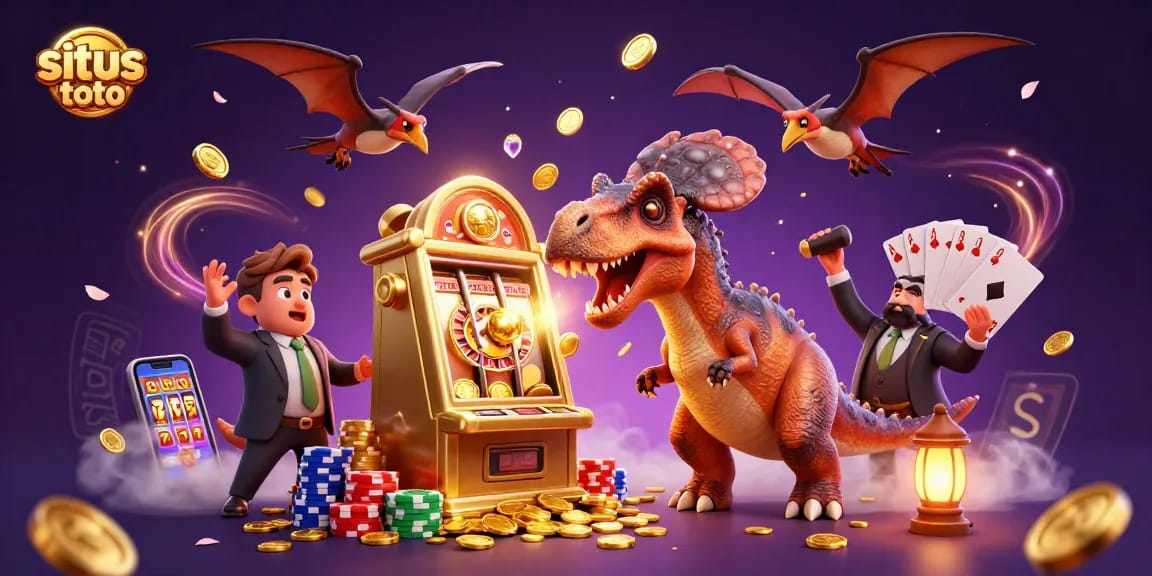 Situs toto features a 3D pachycephalosaurus gameplay scene with jackpot coins and a casino manager.