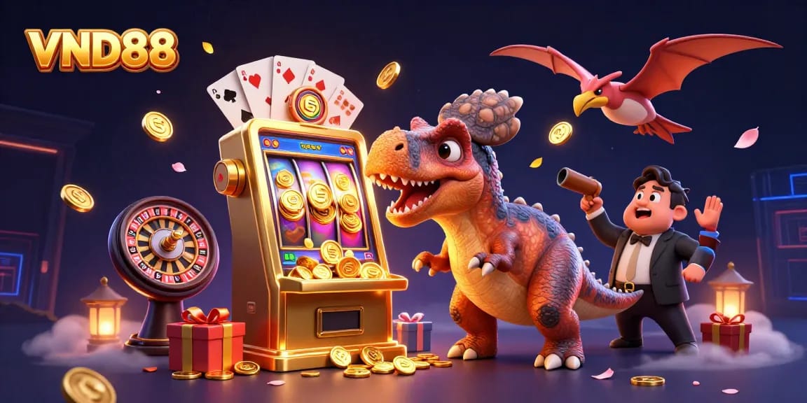 VND88 enhances excitement with a pachycephalosaurus winning coins from a slot machine in a vibrant casino scene.