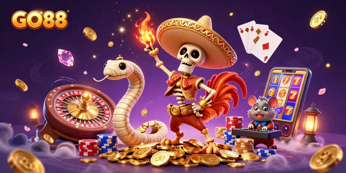Activate your luck with GO88 in this vibrant casino illustration featuring a playful mariachi skeleton!