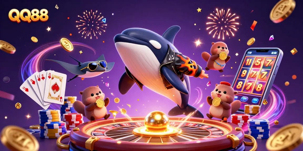 Experience exciting gaming action with QQ88 as vibrant 3D characters celebrate amidst golden coins and casino elements.