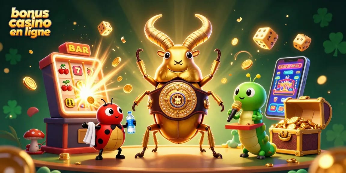 Illustration dynamique d'un combat de casino avec un scarabée doré champion et des jeux de bonus casino en ligne autour.