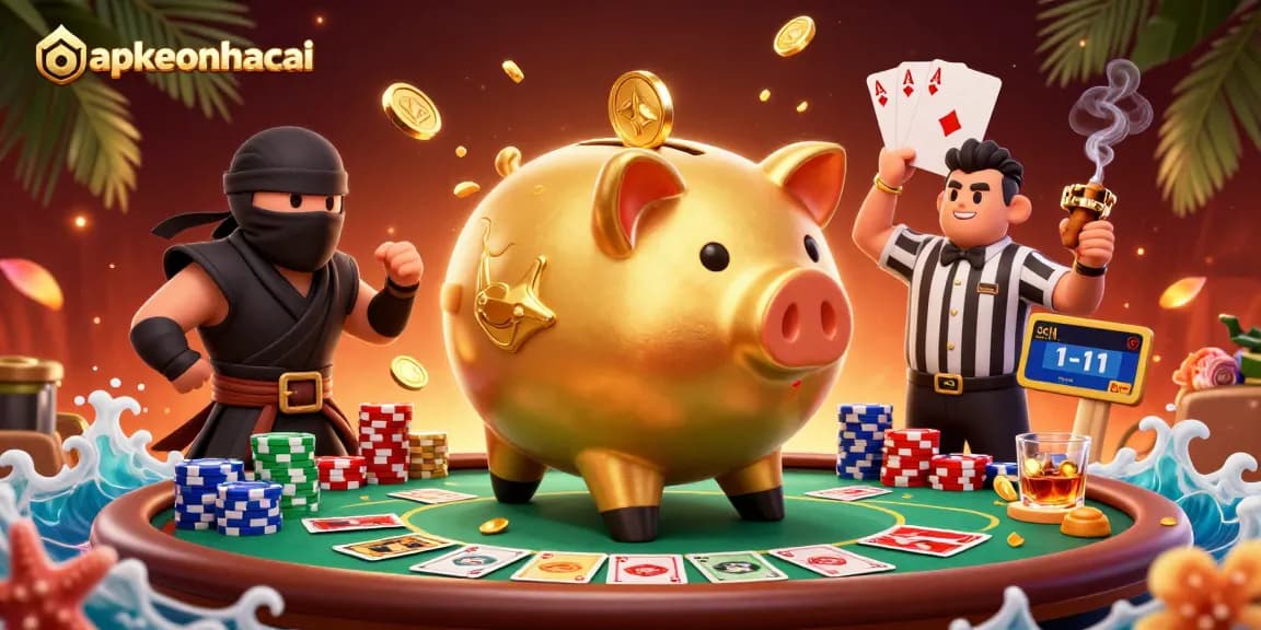 Experience thrilling action at appkeonhacai as the golden piggy bank sumo shakes coins loose in this vibrant casino scene.
