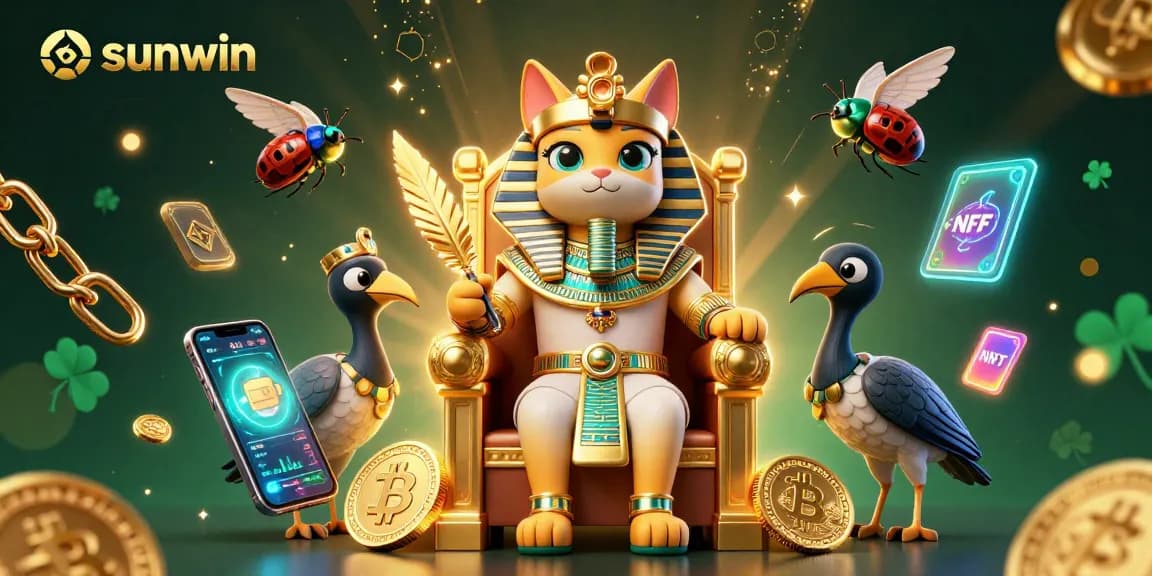 Win big with sunwin in a vibrant 3D casino scene featuring a pharaoh cat and crypto elements.