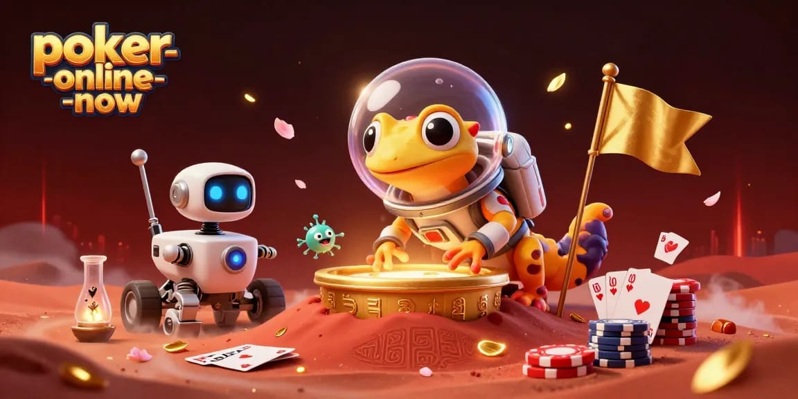 Join the excitement at poker-online-now with a Martian gecko discovering a golden casino in a dynamic 3D scene.