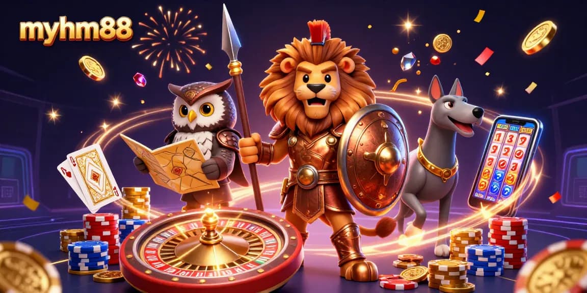 Experience thrilling gameplay at myhm88 with a Spartan lion, owl strategist, and greyhound amidst golden coins and vibrant casino elements.