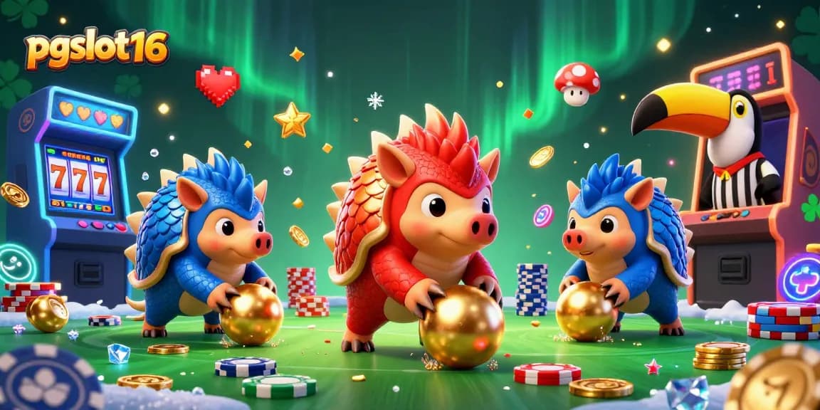 Engage with pgslot16's vibrant gambling scene featuring playful pangolins and arcade elements.