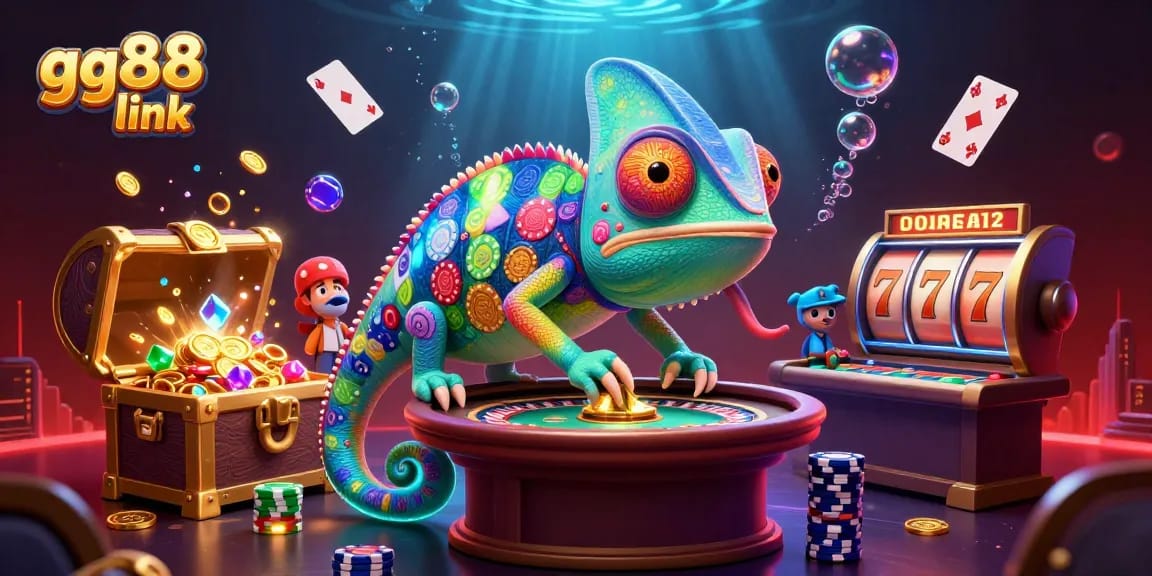 Play exciting games on gg88 link featuring a colorful chameleon and casino elements!