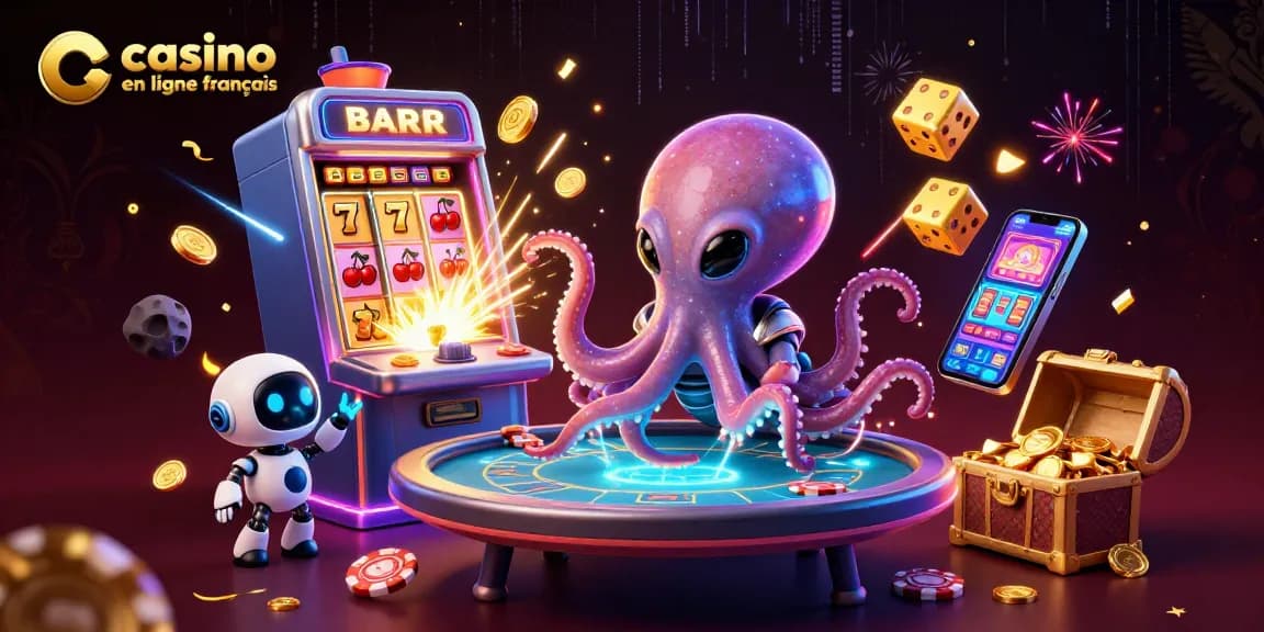 Jouer au casino en ligne français avec un octopus cosmique et robot, entourés de gains.