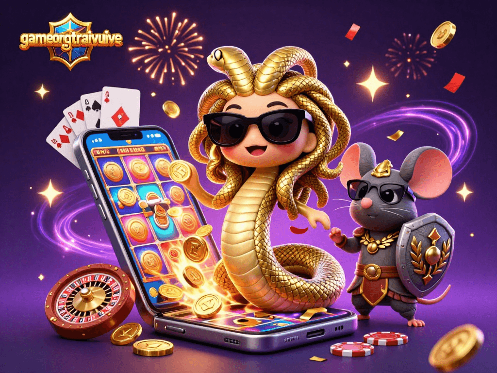 Engage with gamenongtraivuive through a vibrant 3D casino illustration featuring Medusa and gaming elements.