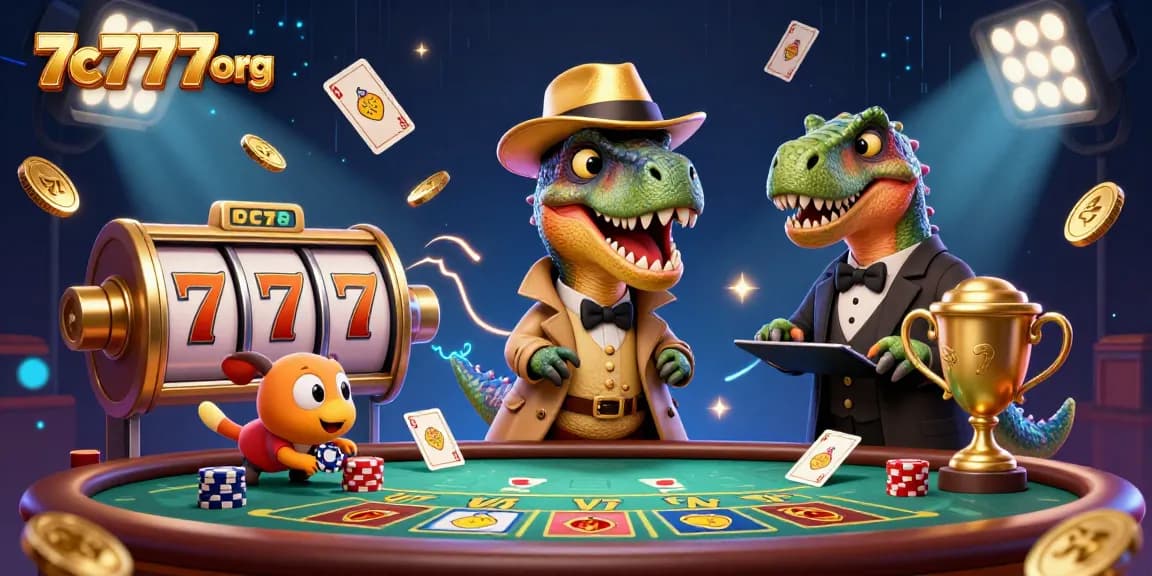 Experience casino excitement with lively velociraptor and stegosaurus characters in the 7c777 org vibrant illustration.