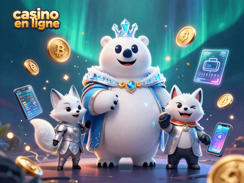 Jouez aux jeux dans un casino en ligne avec notre illustration captivante d’un ours polaire royal et un renard dans un monde numérique.