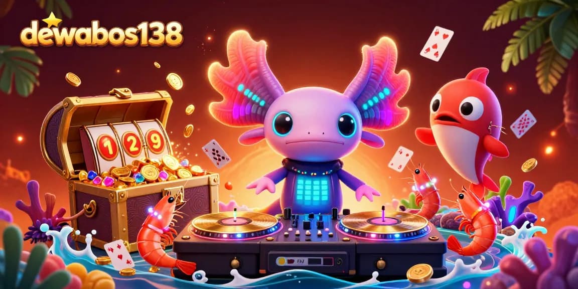 Join the fun with dewabos138 as the axolotl DJ spins golden records amidst shimmering casino elements.