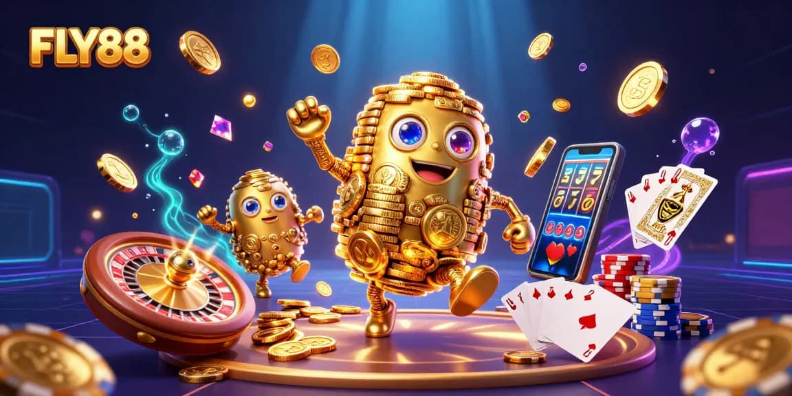 FLY88 players engage in thrilling gaming with golden animated golem and dynamic casino elements.