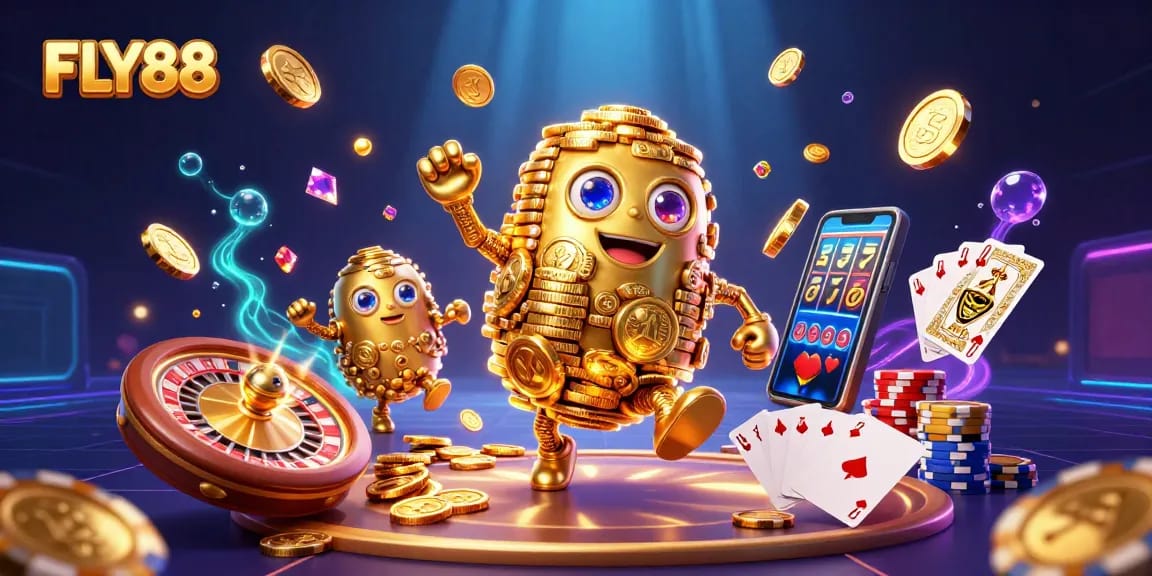 FLY88 players engage in thrilling gaming with golden animated golem and dynamic casino elements.