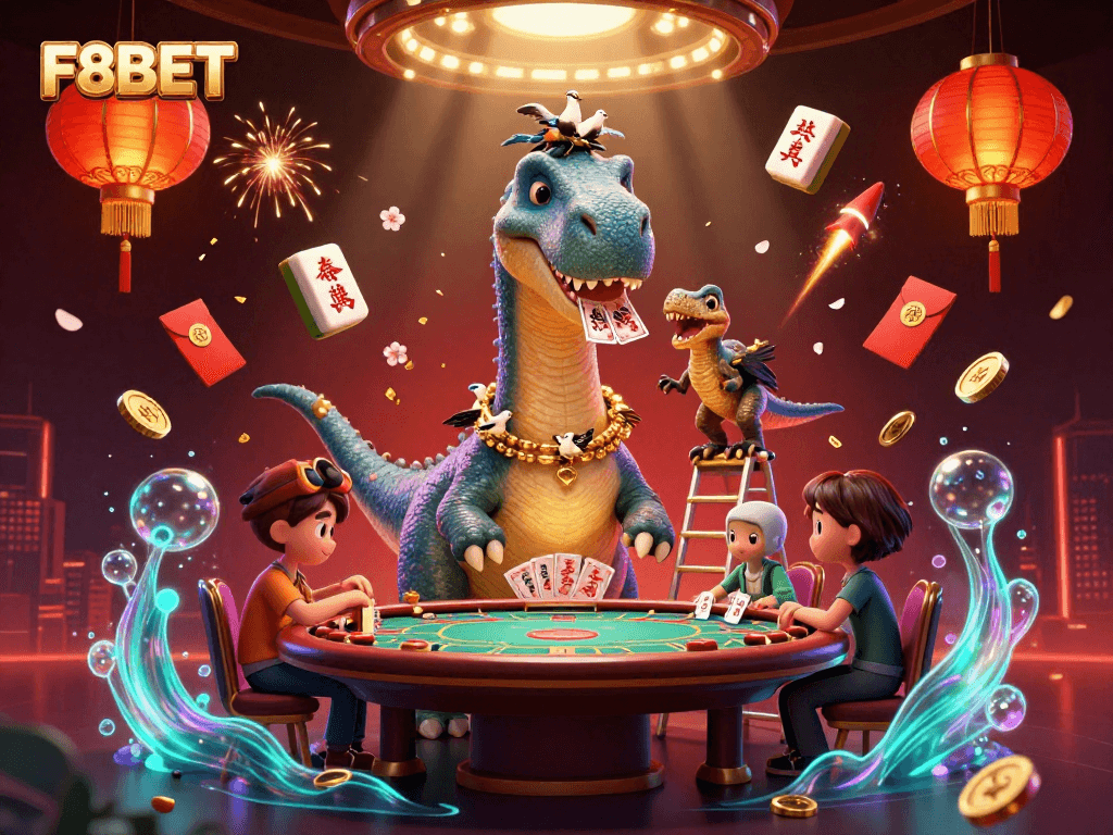 Experience the excitement with F8BET in this vibrant casino scene featuring playful dinosaurs.