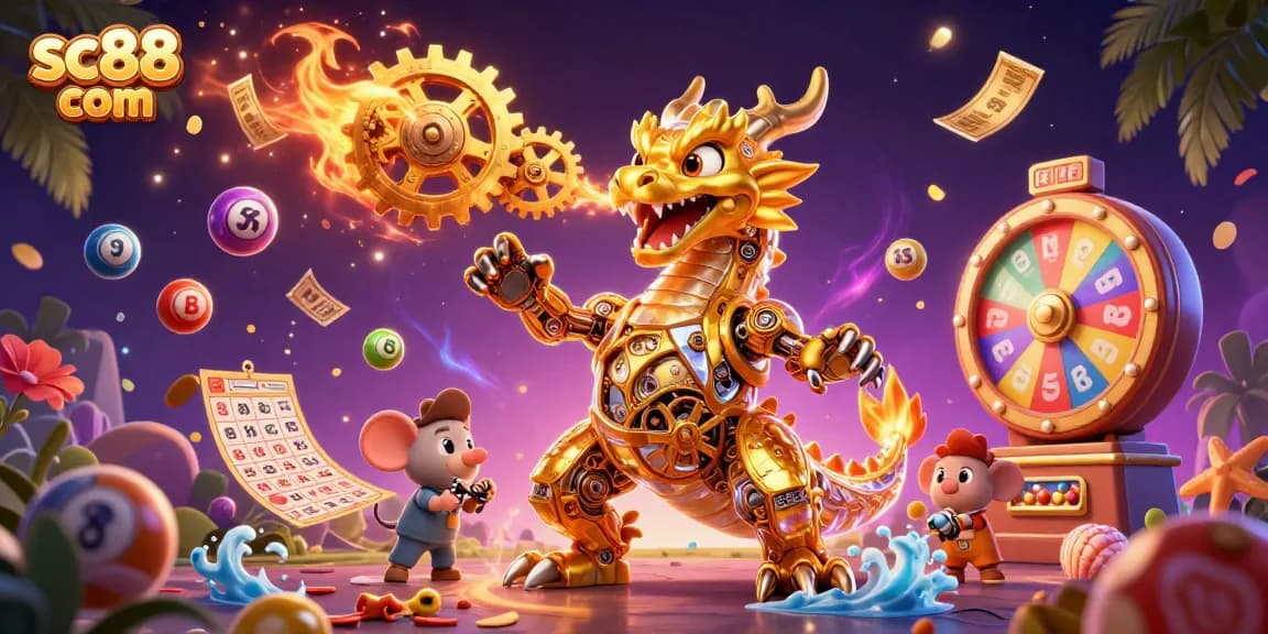 Experience thrilling wins at sc88 com with a golden dragon breathing gears amidst lottery excitement.