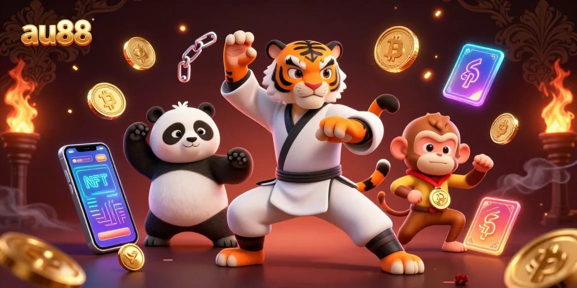Experience thrilling action at au88 with a kung fu tiger and panda in a vibrant casino scene.