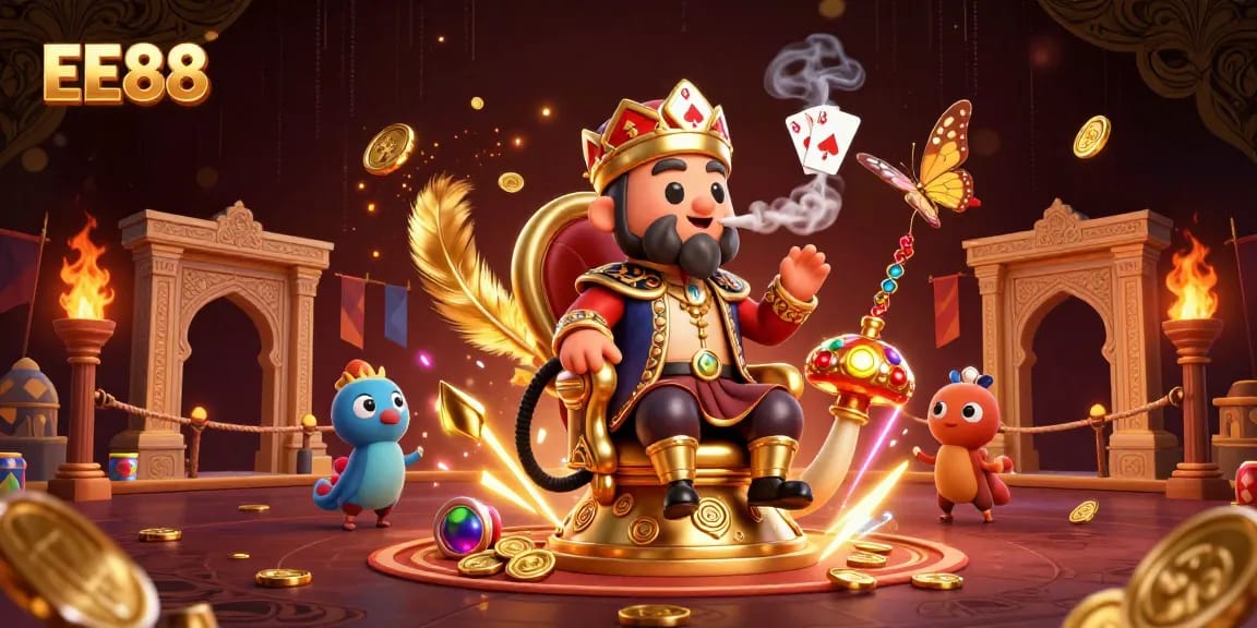 EE88's vibrant casino illustration showcases an energetic hookah-master surrounded by thrilling gaming elements.