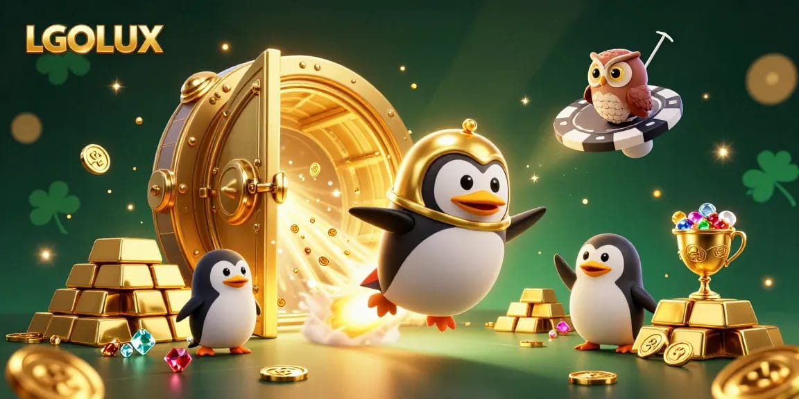 Experience thrilling action with LGOLUX as a golden penguin navigates a casino universe filled with treasures.