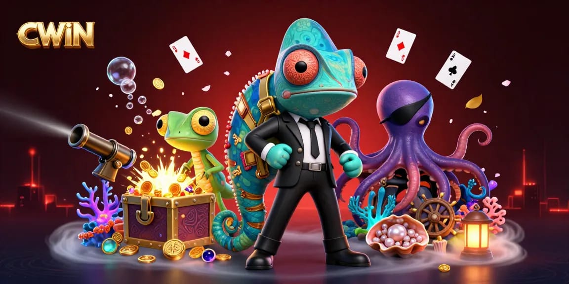 CWIN features a dynamic 3D scene with characters and gambling elements, showcasing exciting underwater treasures.
