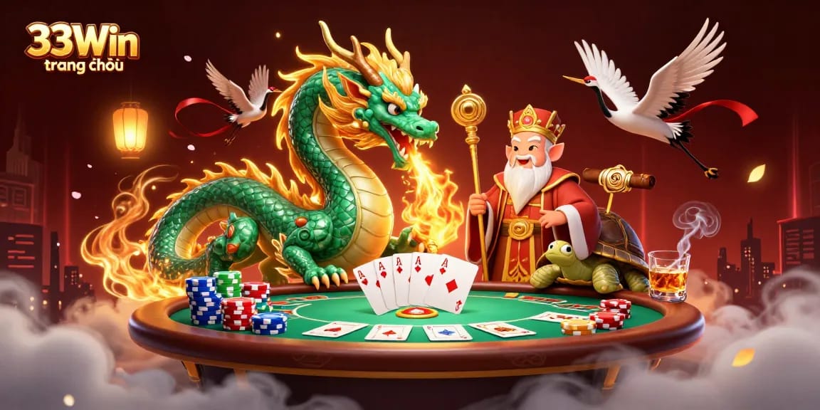 Engage in thrilling casino action at 33Win trang chủ featuring a jade dragon and poker elements.